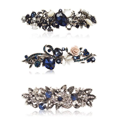 Kicosy Barrettes for Women 3 Pack Vintage Shining Rhinestone Hair Barrettes Metal Flower Butterfly French Clip Faux Crystal Hair clip Spring Hair Barrette,Black and Navy (Pattern-B(3PCS))