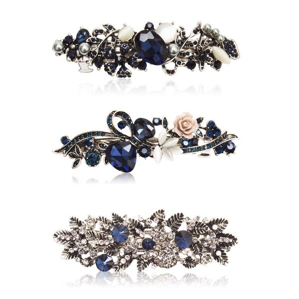 Kicosy Barrettes for Women 3 Pack Vintage Shining Rhinestone Hair Barrettes Metal Flower Butterfly French Clip Faux Crystal Hair clip Spring Hair Barrette,Black and Navy (Pattern-B(3PCS))