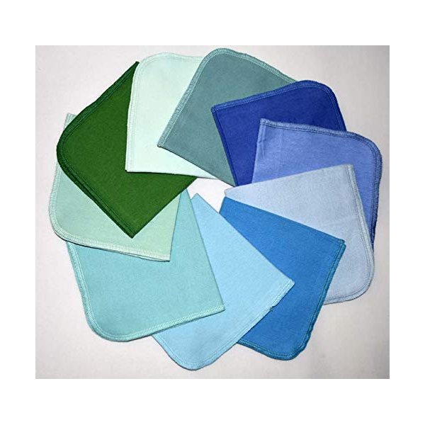 1 Ply 12x12 Inches Set of 10 Solid Flannel Paperless Towels Blues and Greens