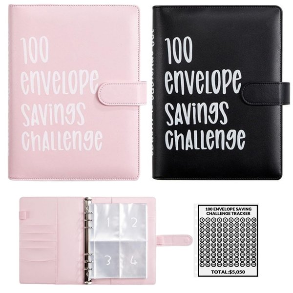 2Pcs 100 Envelopes Money Saving Challenge, 100 Envelope Challenge Binder, Easy and Fun Way to Save $5,050, Budget Book Binder Savings Challenges with Cash Envelopes (Black+Pink)
