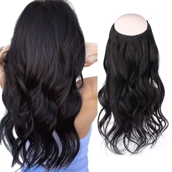 Sassina Invisible Wire Hair Extensions Real Human Hair with Transparent Wire Adjustable Size Secure Clips Natural Straight Secret Miracle Hairpiece, 1 Jet Black 22 Inch 100 Gram