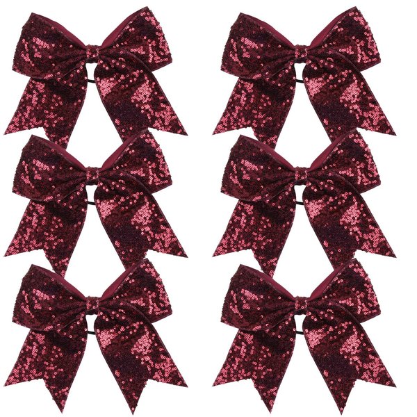Metallic Sequin and Holographic 8 Inch Cheer Bow Cheerleader Cheerleading Jumbo Cheer Bow Hair Tie(Maroon Sequin)