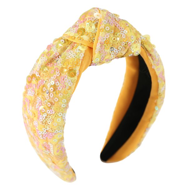 Gmmidea Sequin Knotted Headbands for Women Kids Girls Sparkly Beaded Rainbow Headband Fabric Wide Top Knot Glitter Hairband Birthday Holiday Girls Cute Bling Hair Accessories A-Yellow