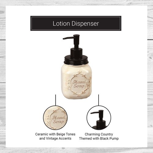 Young's Inc. Farmhouse Soap Dispenser - Decorative Dish and Hand Soap Dispenser for Bathroom and Kitchen - Country, Off-White - 3.25'' X3.25'' X7''