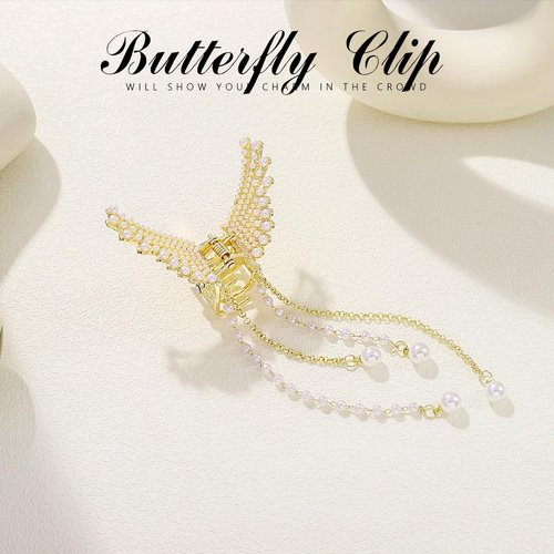 Jeairts Butterfly Hair Clip Gold Pearl Claw Clips Tassel Headpiece Stylish Hair Accessories for Women