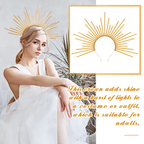2 Pieces Women's Mary Crown Headband Zip Tie Headpiece DIY Gold Crowns for Women Sunburst Spike Headband Costume Headwear Headdress for Halloween
