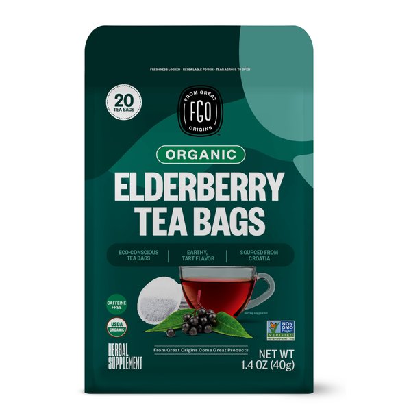 FGO Organic Elderberry Tea, Eco-Conscious Tea Bags, 20 Count, Packaging May Vary (Pack of 1)