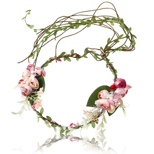 AWAYTR Flower Crown for Women Flower Girl Headpiece Bridal Floral Garland Headbands with Adjustable Vines Hair Wreath Wedding Flower Halo Headband (Pink)
