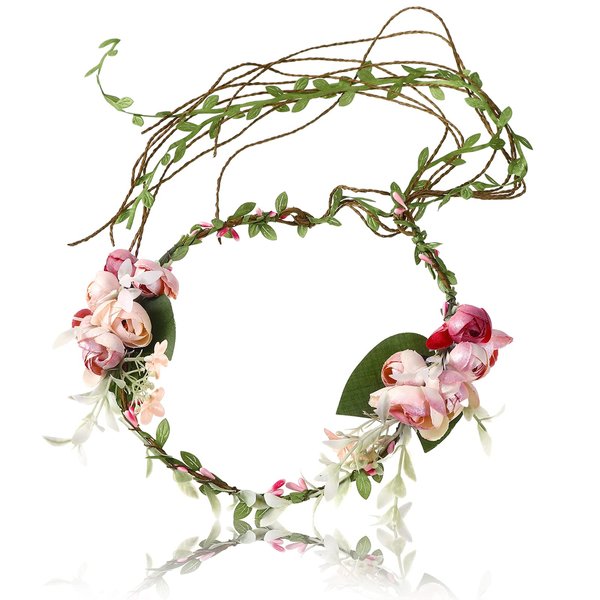 AWAYTR Flower Crown for Women Flower Girl Headpiece Bridal Floral Garland Headbands with Adjustable Vines Hair Wreath Wedding Flower Halo Headband (Pink)