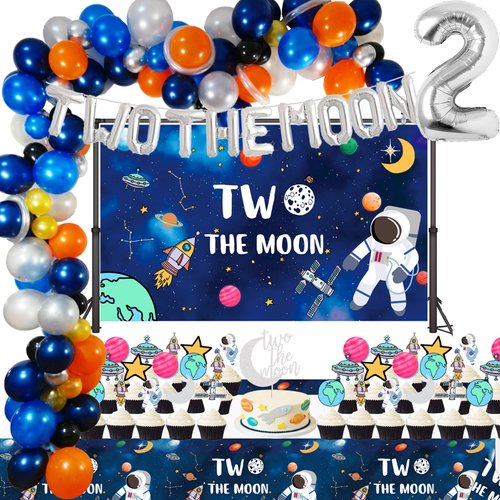 154 PCS Two the Moon 2nd Birthday Party Supplies Outer Space Backdrop TableCloth 2 the Moon Balloons Arch Garland Kit for Astronaut Space Man Robot UFO Themed Baby 2nd Bday Party Decorations