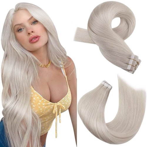 Moresoo Tape in Extensions Blonde Human Hair Extensions Tape in White Blonde Hair Extensions Real Human Hair Tape in Seamless Hair Extensions Real Hair 20 Inch #60A 20pcs 50g