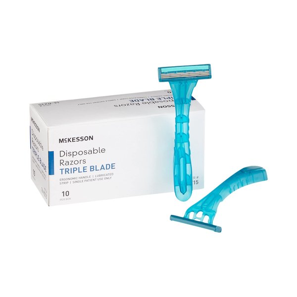McKesson Disposable Razors, Stainless Steel Triple Blade, Lubricated Strip, Ergonomic Handle, Turquoise, 10 Count, 1 Pack