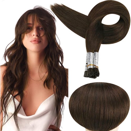Full Shine I Tip Real Human Hair Extensions 22 Inch Darkest Brown Pre Bonded Hair Extensions I Tip Straight Hair Cold Fusion Hair Extensions 50 Strands 40g