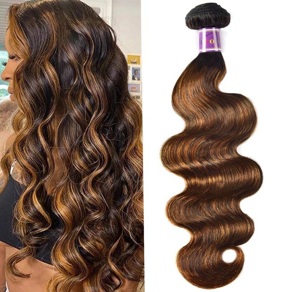 UNice Ombre Brown Highlight Body Wave Human Hair Weave 1 bundle 22 inch, Brazilian Remy Hair Dark Root Blonde Human Hair Weaves Extension Piano Color TFB30