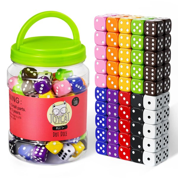JoyCat 16mm 6 Sided Dice Set Standard Game Dice Kids for Board Games Dice Games Math Dice for Classroom with Storage Bucket 10 Colors (50, Opaque)