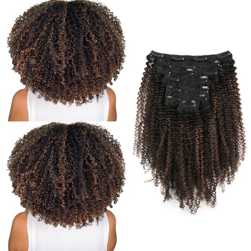 ABH AMAZINGBEAUTY HAIR Afro Curly Clip in Hair Extensions Real Human Hair 4A 4B Curly Clip ins for Black Women 120g 7 Pieces 17 Clips, Ombre Highlight 1B to Brown 16 Inch