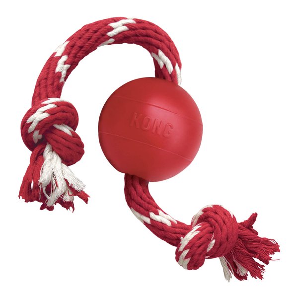 KONG Ball with Rope - Dog Fetch Toy with Rope for Easy Throwing - Durable Dog Ball Toy for Tug, Playtime & More - Natural Rubber Ball Rope Toy for Dogs - Red, For Small Dogs