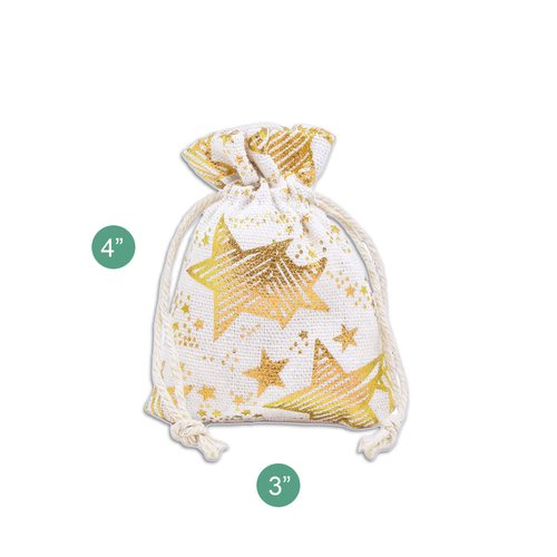 12-pack - 3x4 Reusable Cotton Canvas Muslin Gift Bags w. Drawstring for Presents, Party Favors, Samples (Golden Stars, X-Small) by TheDisplayGuys