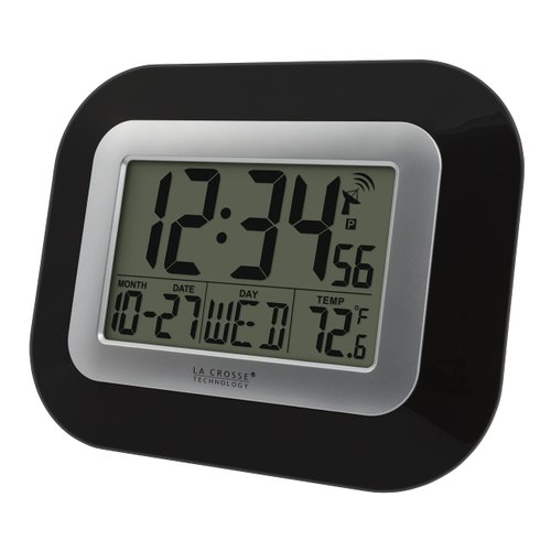 La Crosse Technology WT-8005U-B-INT Atomic Digital Wall Clock with Indoor Temperature, Black,