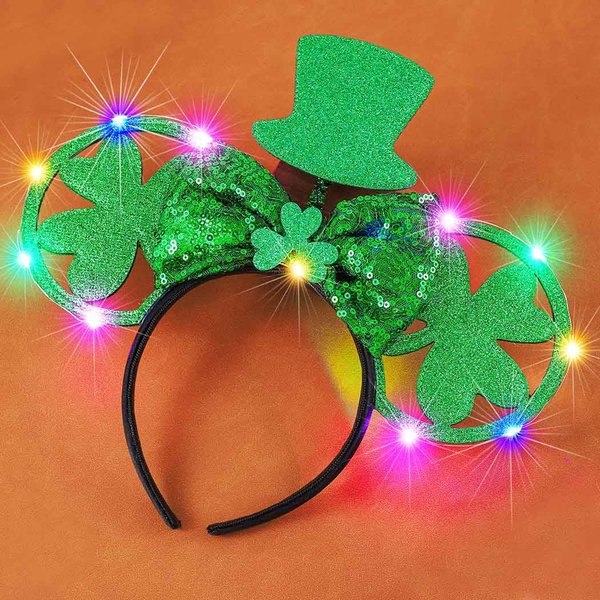 BARTOSI Light Up St Patrick's Day Headband Green Mouse Ear Hairband Glitter Shamrock Bow Headdress Irish Hair Accessories for Women and Girls
