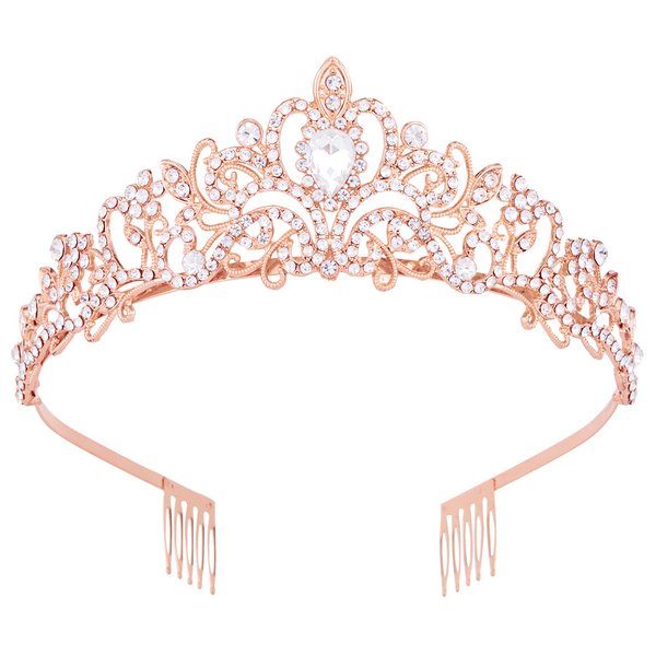 Vofler Crowns for Women, Rose Gold Tiara Crystal Rhinestone Hair Accessories for Princess Queen Ladies Little Girls Adult Bridal Bride Birthday Wedding Pageant Prom Halloween Costume Party with Combs