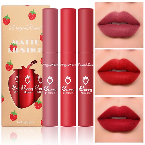 Tiejdhr 3Pcs Nude Matte Lip Lipstick, Strawberry Velvet Smooth Crayon Lip Stain, Nude Lip Tint Long Lasting & Nourishing Lip Gloss Non-stick Cup Lipstick for Women Makeup (Set B)