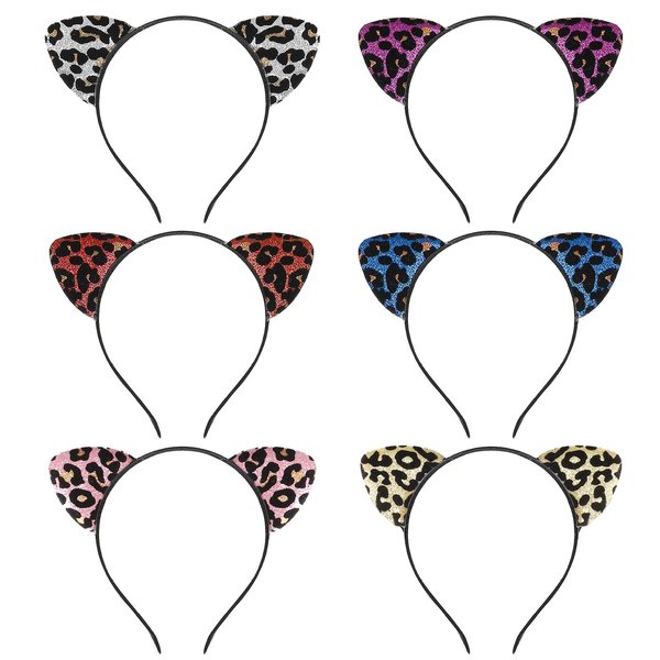 Haakong 6Pcs Leopard Cat Ears Headband Leopard Ears Headband Glitter Flocking Cat Ears Headband for Woman and Girls Party Supplies