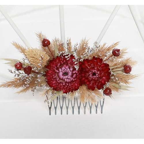 Generic Natural dried flowers ivory hair comb, ivory cream dried flowers rustic hair piece (hot pink)