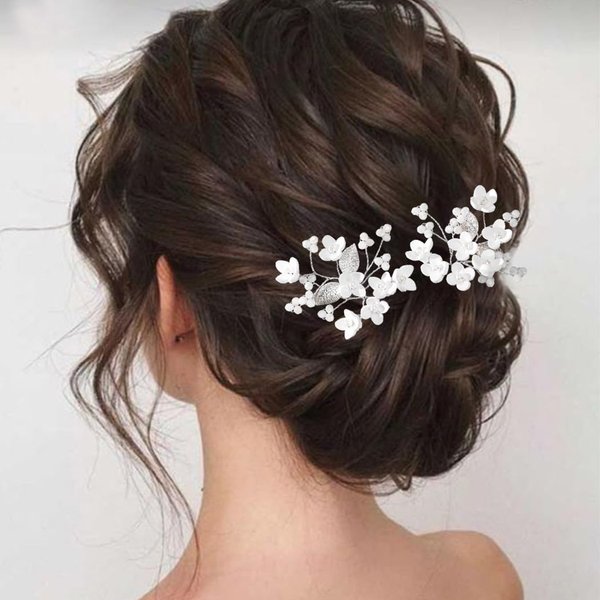 YBSHIN Wedding Flower Hair Pins Silver Pearl Hair Pieces Bride Leaf Hair Clips Bridal Hair Accessories for Women and Girls (Pack of 2)