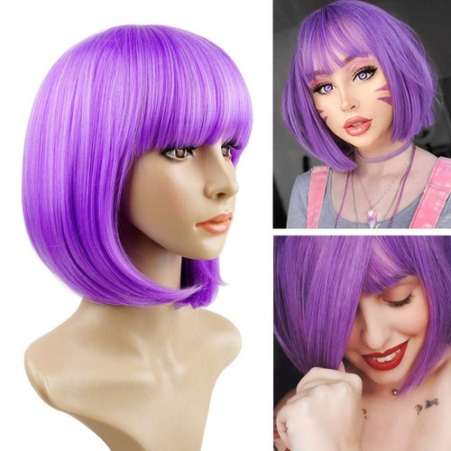 YOUNIGA Purple Bob Wig With Bangs 12 Inch Short Synthetic Fiber Bob Wigs for Women Short Bob Wigs and Halloween Cosplay Bob Wig With One Cap (Purple)