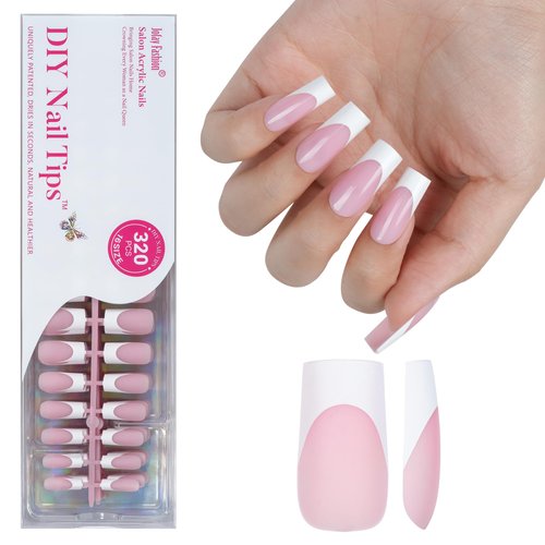 White French Tip, Jofay Fashion Press on Nails, 320Pcs Pink Long Square Nails, Pre-applied Tip Primer & Base Coat, Salon Fake Nails, 16 Sizes