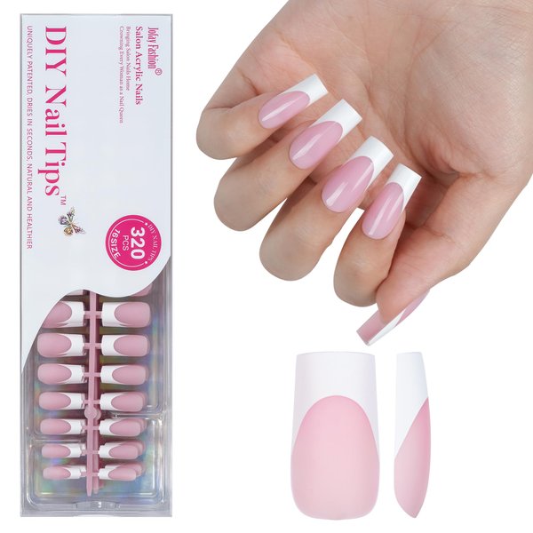 White French Tip, Jofay Fashion Press on Nails, 320Pcs Pink Long Square Nails, Pre-applied Tip Primer & Base Coat, Salon Fake Nails, 16 Sizes