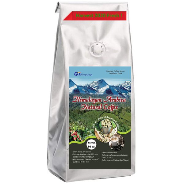 Himalayan Arabica Organic Medium Dark Roasted Coffee Beans Cupping Score 90 Grow on Sunshade 100% Hand Picked Sun Dried World's Best Natural Dark Roasted Beans Coffee (16 oz)