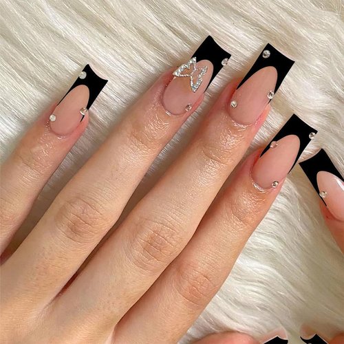 ROFIBUT French Tip Press on Nails Medium Square black Fake Nails with Rhinestone Butterfly Charm Diamond Design Stick on Nails Glossy Reusable Acrylic Nails for Women Girls Nail Decoration 24pcs