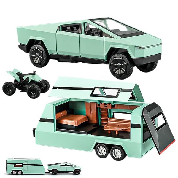 1/32 Pickup Trailer RV Model Kit, Off-Road Vehicle Alloy,Car Model Diecast Metal Toy,Truck Model Simulation Sound Light,Gifts for boy Girl. (with RV All Green-B)