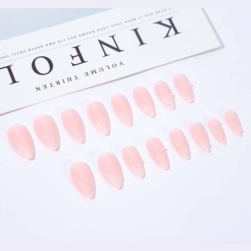 RikView Pink Press on Nails Medium Fake Nails Almond Nails with Pearls Glossy Nails for Women 24 PCs/Set