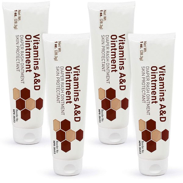 MEDca Vitamin A & D Diaper Rash Ointment- Protectant Cream For Sensitive Baby Skin - Lanolin & Petrolatum Formula, Dry-Cracked Hands/Feet/Face Skin, 1oz Tube, Pack of 4