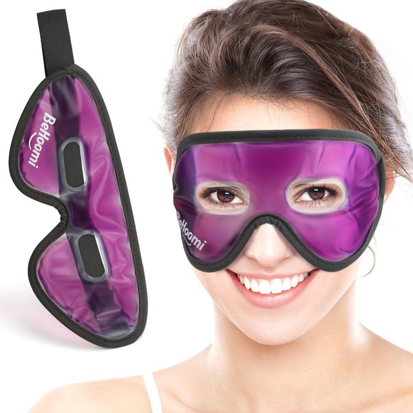 BeHoomi Cooling Eye Mask, Gel Eye Mask with Holes, Reusable Ice Mask, Cool Eye Ice Pack, Comfort Snug Fit, No Freeze, Cold Eye Compress for Home, Office, Relaxation, Morning Refreshment, Purple