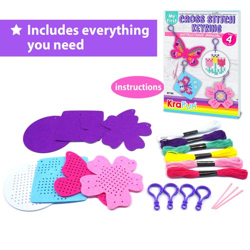 KRAFUN Cross Stitch Kits for Kids Beginners, 4 Cross Stitching Keyrings Arts & Crafts with Butterfly and Flower, Needlepoint Embroidery Kit for Girls 5-13 Craft Kit Backpack Charms, Ornaments