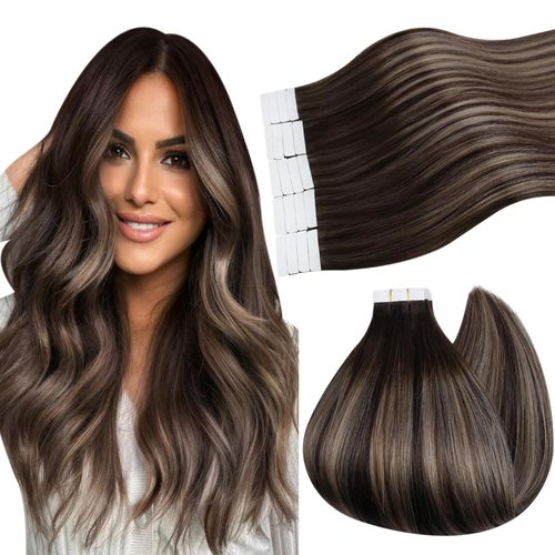Ugeat 22 inch Tape in Real Human Hair Extensions Brown Balayage Hair Extensions Tape in Dark Brown Highlight Ash Brown Ombre Skin Weft Human Hair Tape in Hair Extensions 20Pcs 50G