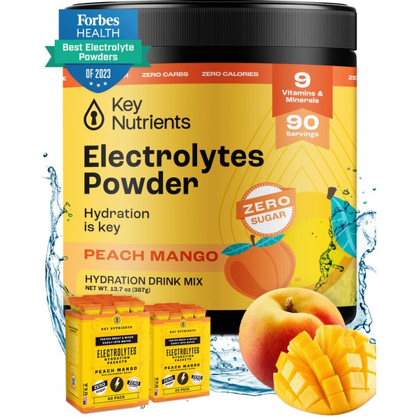 KEY NUTRIENTS Multivitamin Electrolytes Powder No Sugar - Tropical Peach Mango Electrolyte Powder - Endurance & Energy Supplement - Hydration Powder - No Calories - 90 Servings - Made in USA