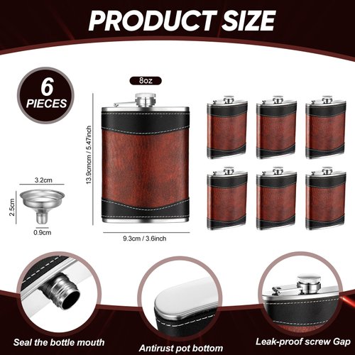 Rtteri 6 Pcs 8 oz Leather Hip Flasks for Liquor for Men Leak Proof Stainless Steel Drinking Flasks Bulk Soft Wrap Whiskey Flask with Funnel for Wedding Bridesmaid Christmas Gifts, Leather Brown