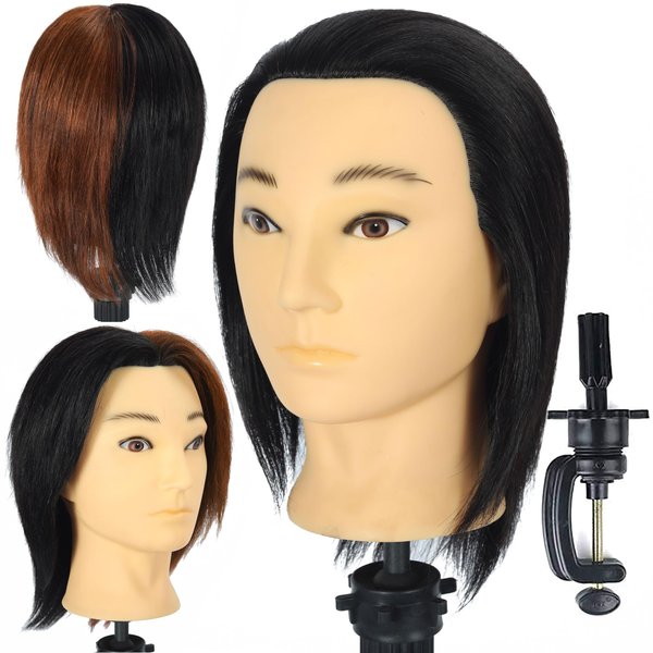 SUMEI HAIR Male Mannequin Head with 100% Human Hair Haircut Training Head for Cosmetology Straight Thick Hair Manikin Head Doll Head with Human Hair with Stand Practice Cutting Styling (6 Inches 1B#)
