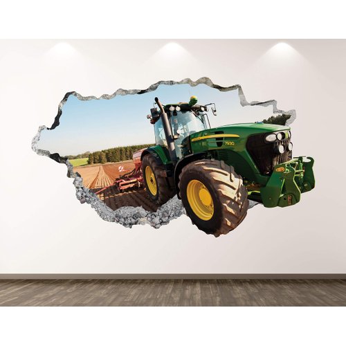 Green Tractor Wall Decal Art Decor 3D Smashed Truck Sticker Poster Kids Room Mural Custom Gift BL189 (42"W x 24"H)
