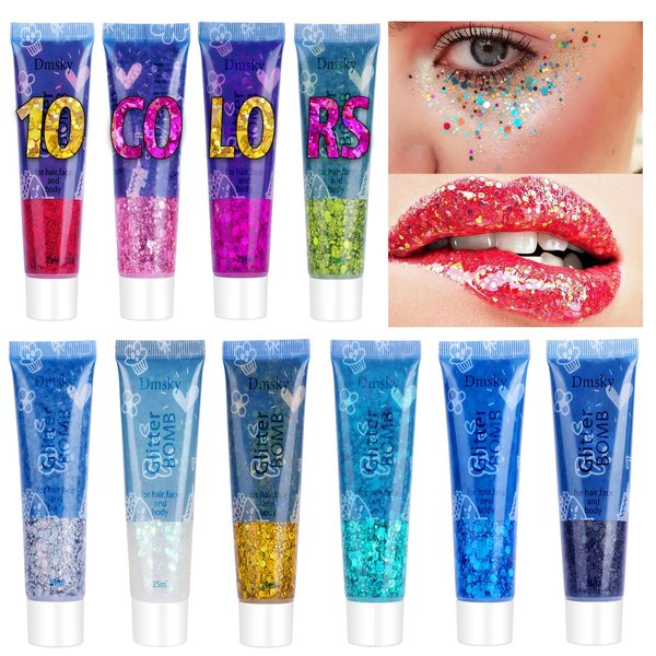 Body Glitter Face Glitter Gel Sparkles Makeup Singer Concerts Disco Halloween Festival Rave Accessories, 10 Colors Chunky Sequins Mermaid Sparkling Glitter Gel for Face Eyeshadow Hair Nails