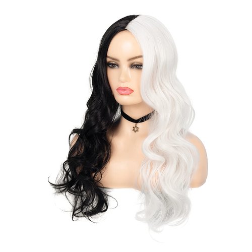 Kaneles Half Black Half White Wigs Long Curly Women Full Wigs for Cosplay Party or Daily Use with Wig Cap(Half Black Half White)