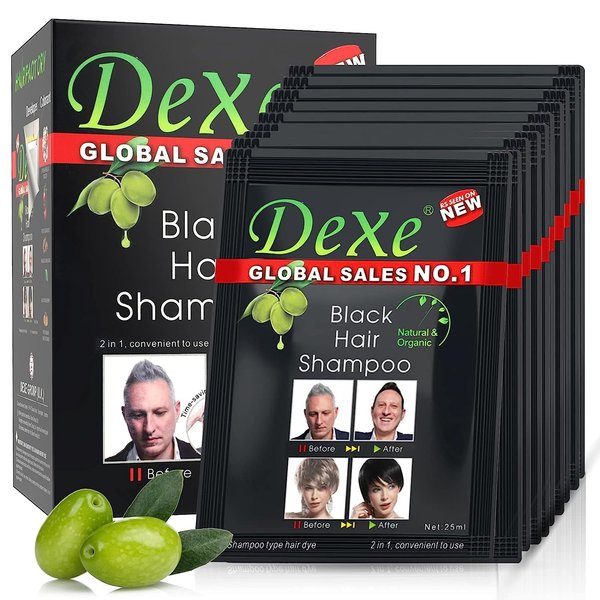 Black Hair Shampoo-Dexe Black Hair Shampoo for Natural Hair,Temporary Instant Hair Dye Maintain for Men and Women Black Color/Easy to Use/Last 30 days/Natural Ingredients (Pack of 10)