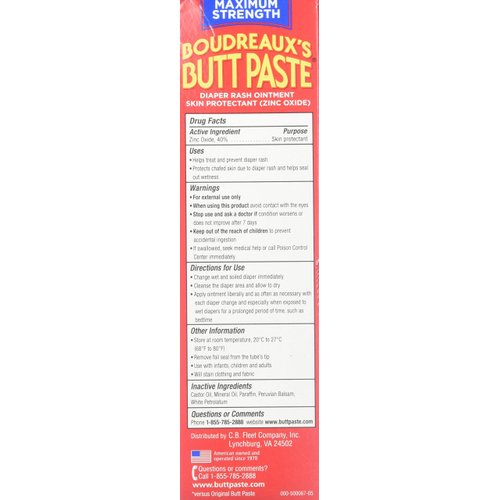 Boudreaux's Butt Paste Diaper Rash Ointment - Maximum Strength - Contains 40% Zinc Oxide - Pediatrican Recommended - Paraben and Preservative-Free - 4 Ounce, 2-Pack