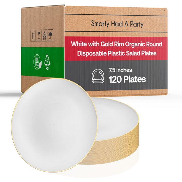 Disposable Plastic Plates with Rim Design, Organic Round Dinnerware Bulk Order for Wedding, Birthday & All Occasions (White with Gold, 7.5" Salad Plates (120 Plates))