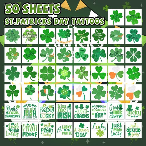 EMOME Glitter St Patrick's Day Tattoos Stickers for Kids, 50 Individually Wrapped Sheets St Patricks Day Decorations Accessories, Irish Shamrock Tattoo Stickers for Party Favors Supplies